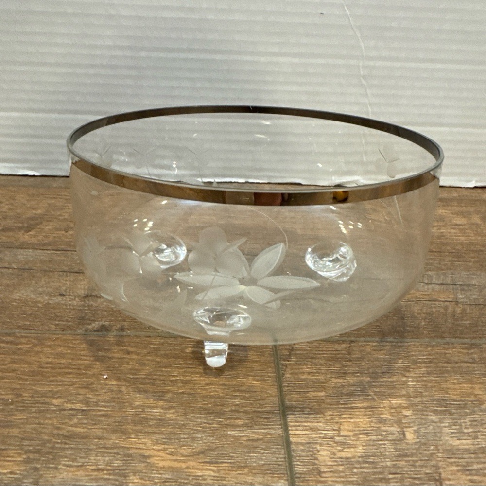 Crystal 3-Scroll Footed Bowl with Etched Flowers